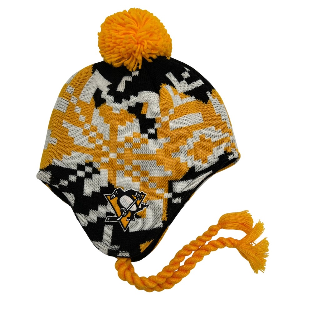 Adidas Pittsburgh Penguins NHL Peruvian Beanie Hat Earflap Pom Black Gold